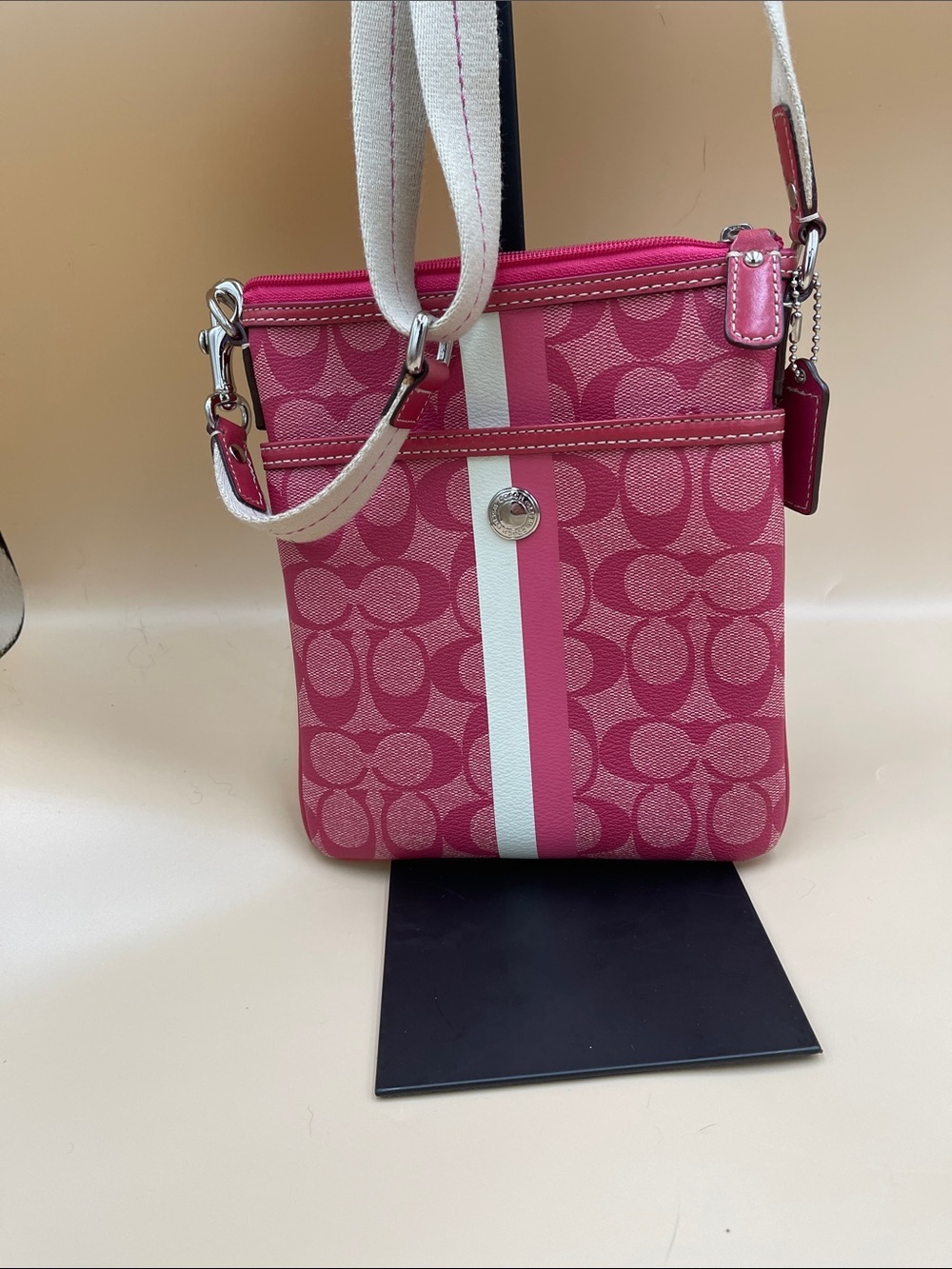 Coach Pink Signature Stripe Crossbody with White Accent